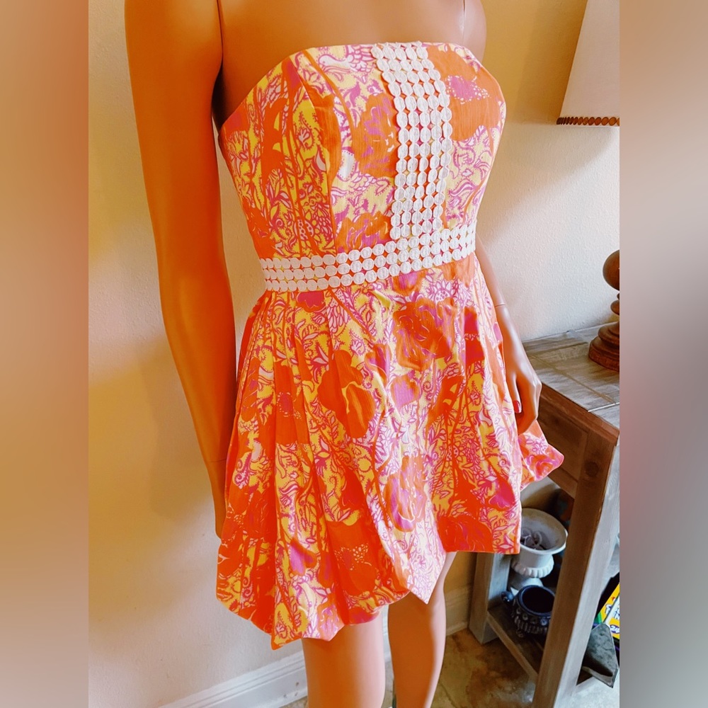 Lilly Pulitzer Originals Orange Bubble hem strapless mini sun dress 0 xs